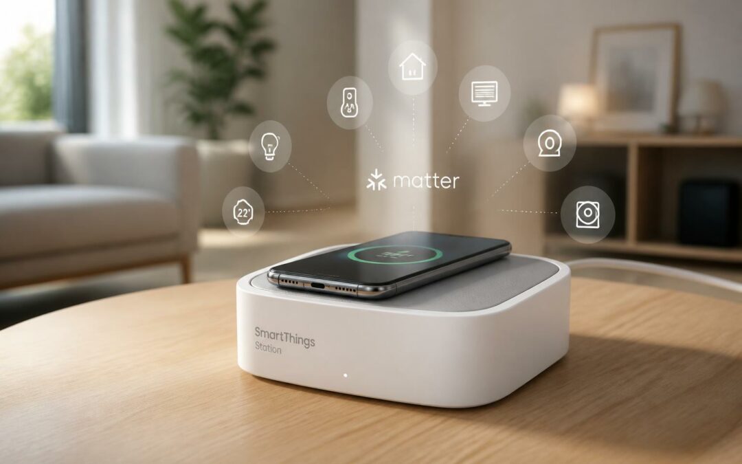 découvrez la samsung smartthings station, le concentrateur domotique compatible matter qui centralise vos appareils connectés tout en proposant une recharge rapide intégrée pour une maison intelligente simplifiée et efficace.