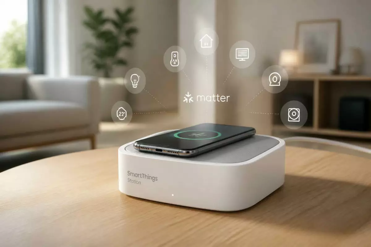 découvrez la samsung smartthings station, le concentrateur domotique compatible matter qui centralise vos appareils connectés tout en proposant une recharge rapide intégrée pour une maison intelligente simplifiée et efficace.