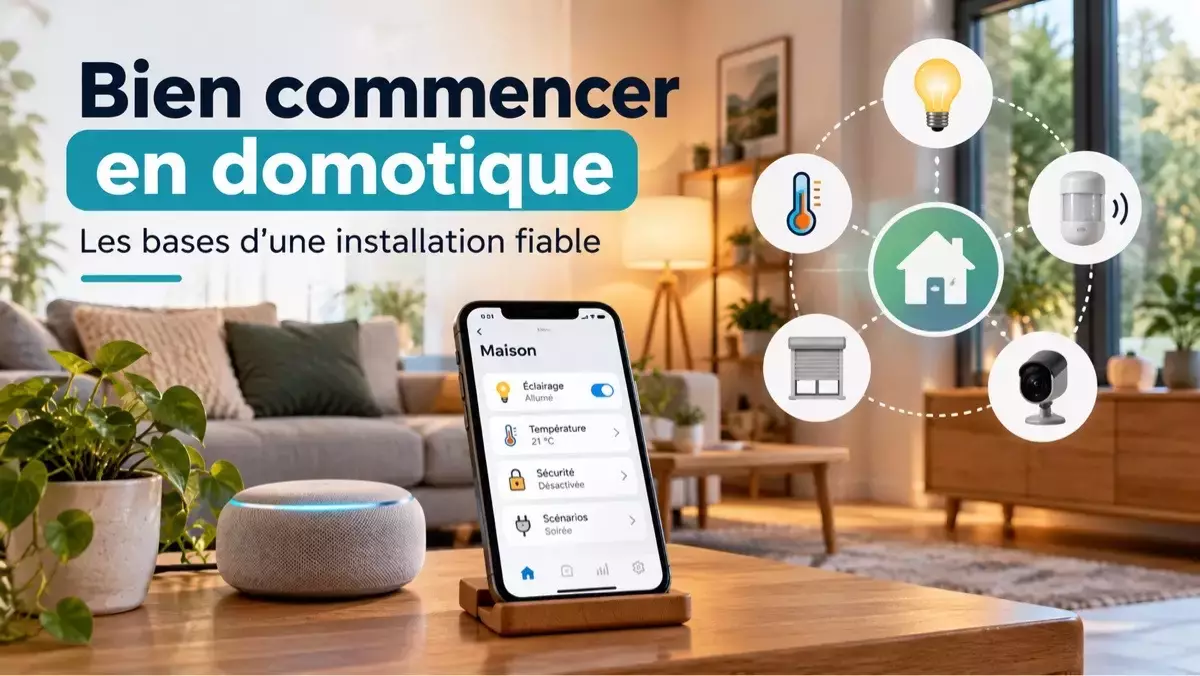 Illustration d’une maison connectée avec smartphone, enceinte intelligente et objets domotiques pour un tutoriel débutant sur la domotique.