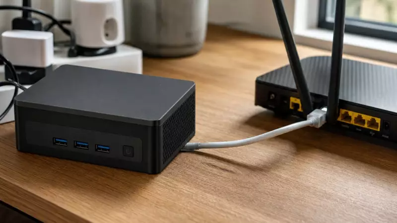 Mini-ordinateur exécutant Home Assistant posé sur un bureau domestique, relié à un routeur et à des accessoires domotiques