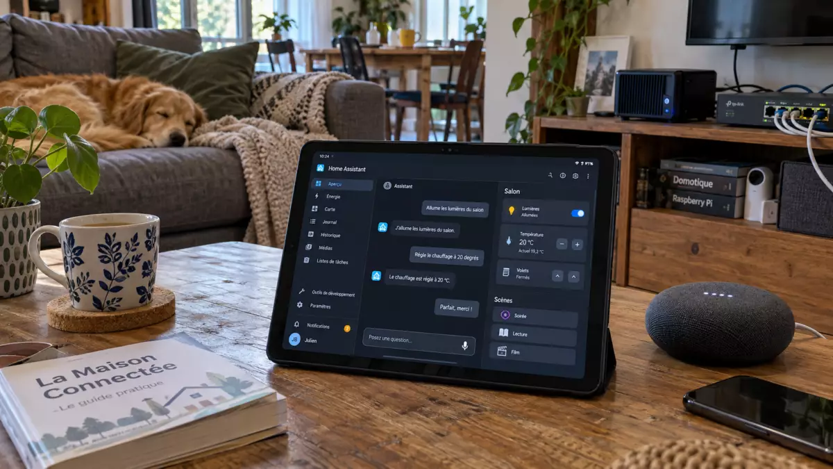Illustration d'un environnement domestique avec serveur IA local et Home Assistant