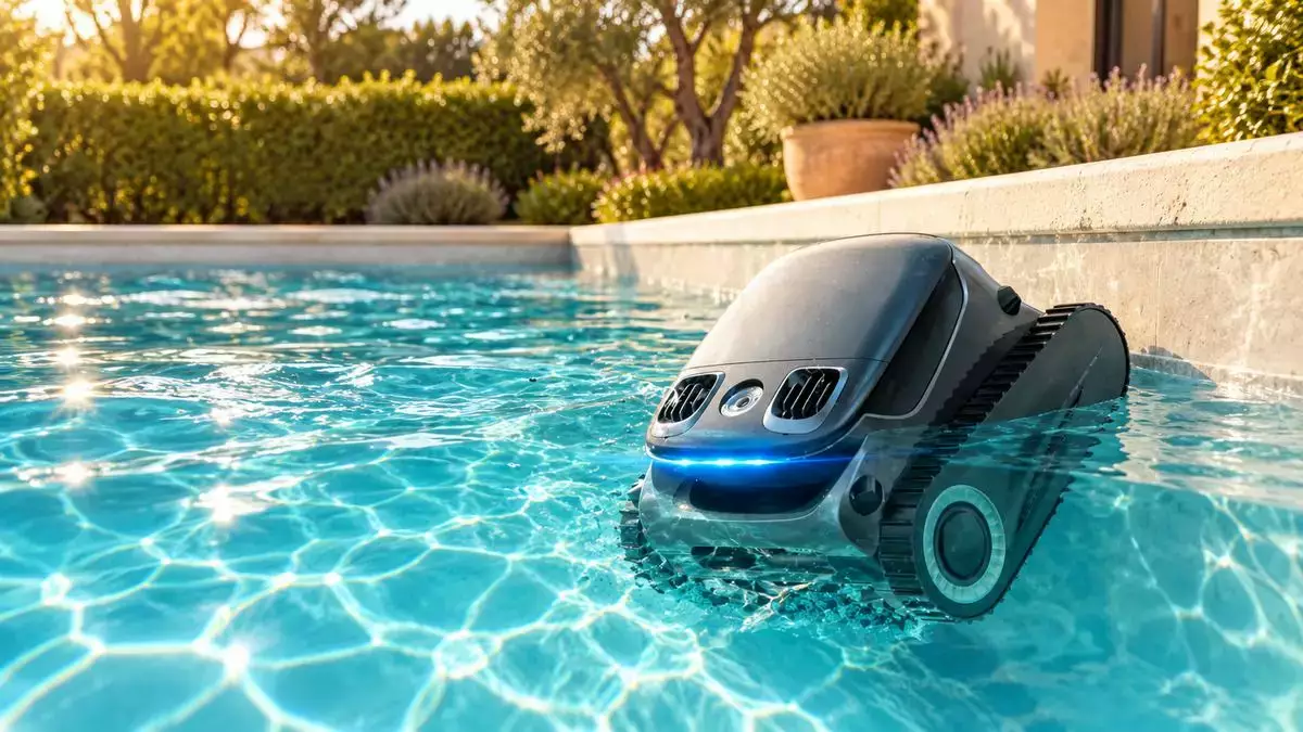 Robot de piscine Aiper Scuba S1 Pro dans une piscine, visuel contextualisé à partir du visuel officiel Aiper.