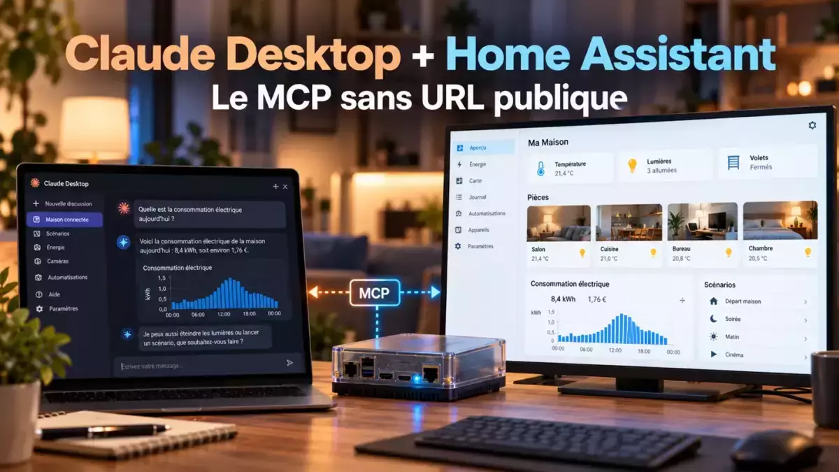 Couverture montrant Claude Desktop relié à un tableau de bord Home Assistant par une liaison MCP locale