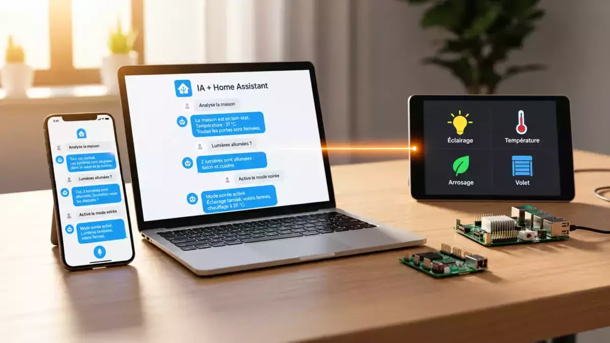 Scène de maison connectée montrant en français un assistant IA dialoguant avec Home Assistant