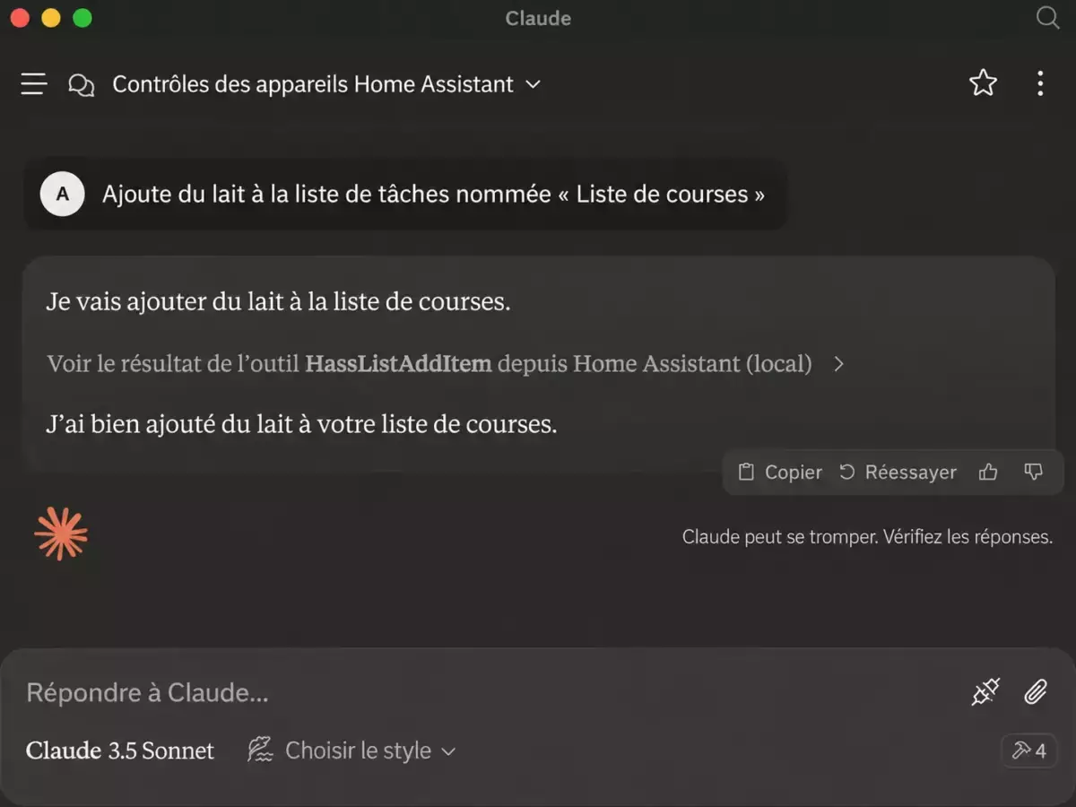Illustration en français d'une conversation Claude Desktop avec un outil MCP Home Assistant