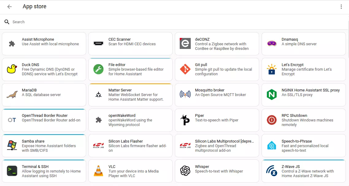 Catalogue des applications Home Assistant avec Matter Server, Mosquitto broker, File editor et Terminal SSH