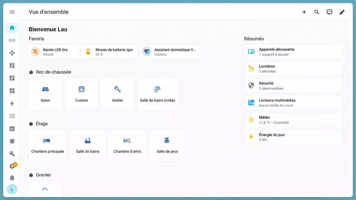 Vue d'ensemble Home Assistant 2026 reconstituée en français, avec les équipements et pièces