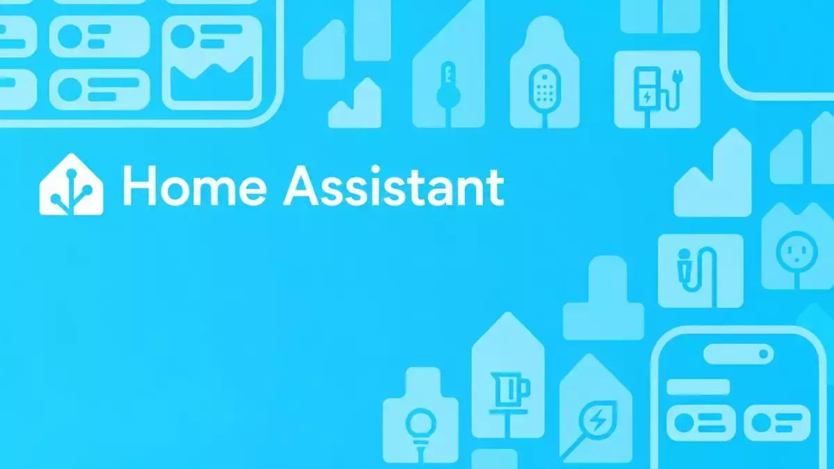 Logo Home Assistant sur fond bleu, entouré d’icônes d’équipements connectés.