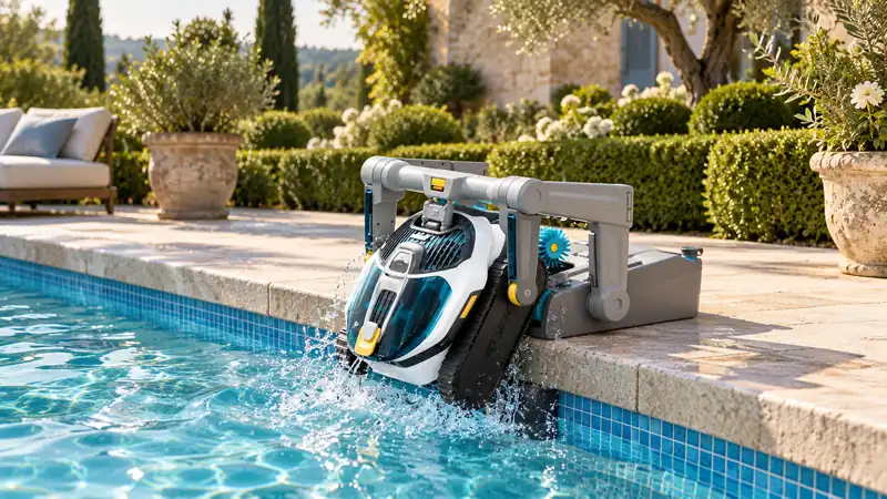Robot piscine Mammotion SPINO S1 Pro sur sa station AutoShoreCharge au bord d’une piscine