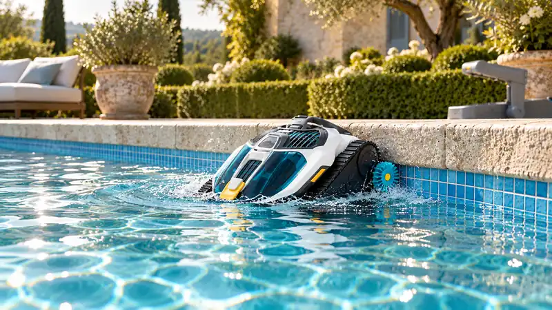 Robot Mammotion SPINO S1 Pro en mouvement près de la ligne d’eau d’une piscine